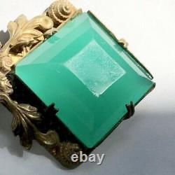 Art Nouveau Glass Necklace Green Slag Brass 16 Faceted Vtg Antique As-is