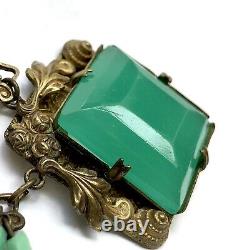 Art Nouveau Glass Necklace Green Slag Brass 16 Faceted Vtg Antique As-is