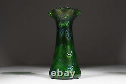 Art Nouveau Glass Vase Green Iridescent Thread Decor Bohemia 21cm approx 1905