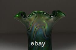 Art Nouveau Glass Vase Green Iridescent Thread Decor Bohemia 21cm approx 1905