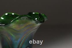 Art Nouveau Glass Vase Green Iridescent Thread Decor Bohemia 21cm approx 1905