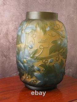 Art Nouveau Glass Vase Green & Orange Cameo Glass In The Emile Gallé Style