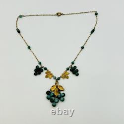 Art Nouveau Gold Tone Green Glass Grapes Necklace