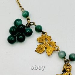 Art Nouveau Gold Tone Green Glass Grapes Necklace