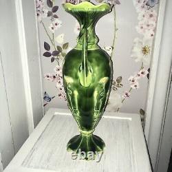 Art Nouveau Green And Pink Floral majolica Vase