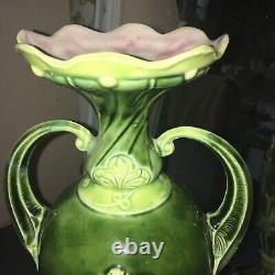 Art Nouveau Green And Pink Floral majolica Vase
