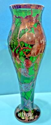 Art Nouveau Green Art Glass 10 Vase, Sterling Silver Overlay