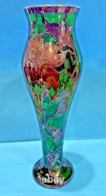 Art Nouveau Green Art Glass 10 Vase, Sterling Silver Overlay