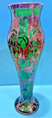 Art Nouveau Green Art Glass 10 Vase, Sterling Silver Overlay