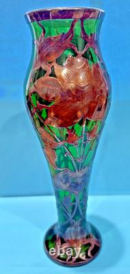 Art Nouveau Green Art Glass 10 Vase, Sterling Silver Overlay