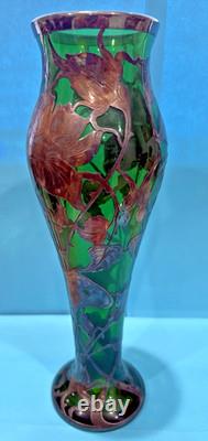 Art Nouveau Green Art Glass 10 Vase, Sterling Silver Overlay