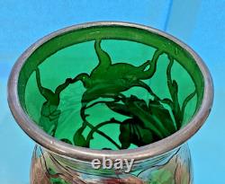 Art Nouveau Green Art Glass 10 Vase, Sterling Silver Overlay