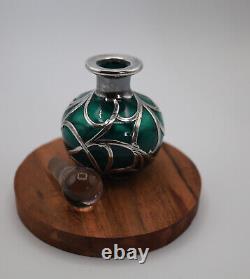 Art Nouveau Green Blown Glass perfume Bottle, Sterling silver overlay