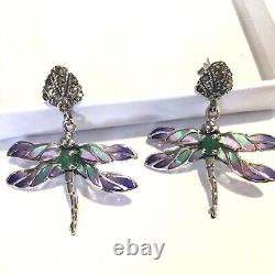 Art Nouveau Green Emerald Marcasite Dragonfly drop Earrings Sterling Silver