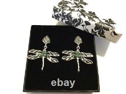 Art Nouveau Green Emerald Marcasite Dragonfly drop Earrings Sterling Silver