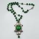 Art Nouveau Green Foil Dragon Glass Bead Silver Plate Lavalier Necklace 24
