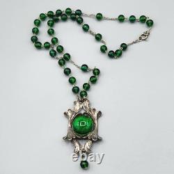 Art Nouveau Green Foil Dragon Glass Bead Silver Plate Lavalier Necklace 24
