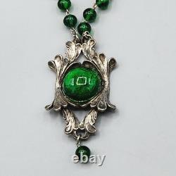 Art Nouveau Green Foil Dragon Glass Bead Silver Plate Lavalier Necklace 24