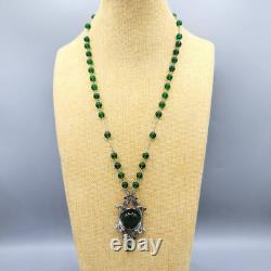 Art Nouveau Green Foil Dragon Glass Bead Silver Plate Lavalier Necklace 24