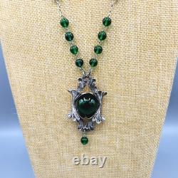 Art Nouveau Green Foil Dragon Glass Bead Silver Plate Lavalier Necklace 24