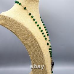 Art Nouveau Green Foil Dragon Glass Bead Silver Plate Lavalier Necklace 24