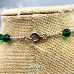 Art Nouveau Green Foil Dragon Glass Bead Silver Plate Lavalier Necklace 24