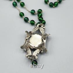 Art Nouveau Green Foil Dragon Glass Bead Silver Plate Lavalier Necklace 24