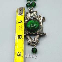 Art Nouveau Green Foil Dragon Glass Bead Silver Plate Lavalier Necklace 24