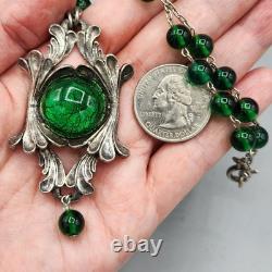Art Nouveau Green Foil Dragon Glass Bead Silver Plate Lavalier Necklace 24