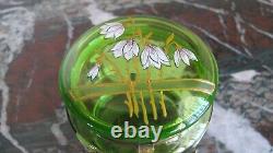 Art Nouveau Green Glass Enamelled Trinket Dresser Box with Ormolu Base Moser