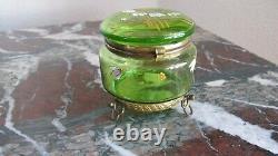 Art Nouveau Green Glass Enamelled Trinket Dresser Box with Ormolu Base Moser