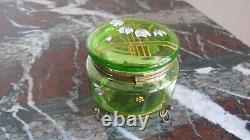 Art Nouveau Green Glass Enamelled Trinket Dresser Box with Ormolu Base Moser