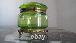 Art Nouveau Green Glass Enamelled Trinket Dresser Box with Ormolu Base Moser