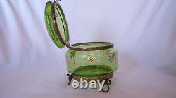 Art Nouveau Green Glass Enamelled Trinket Dresser Box with Ormolu Base Moser