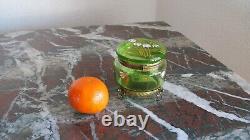 Art Nouveau Green Glass Enamelled Trinket Dresser Box with Ormolu Base Moser