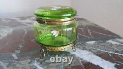 Art Nouveau Green Glass Enamelled Trinket Dresser Box with Ormolu Base Moser