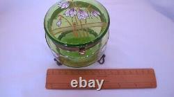 Art Nouveau Green Glass Enamelled Trinket Dresser Box with Ormolu Base Moser