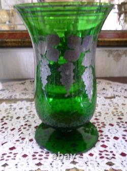 Art Nouveau Green Glass Vase with Bunches of grapes Silver Overlay 25cm tall