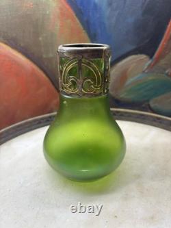 Art Nouveau Green Glass Vase with Ornate Metal Mount