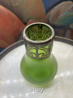 Art Nouveau Green Glass Vase with Ornate Metal Mount