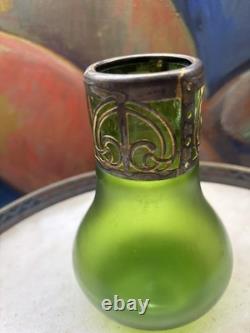 Art Nouveau Green Glass Vase with Ornate Metal Mount