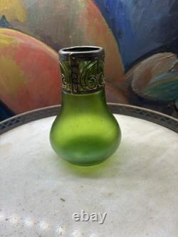 Art Nouveau Green Glass Vase with Ornate Metal Mount