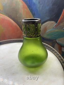 Art Nouveau Green Glass Vase with Ornate Metal Mount