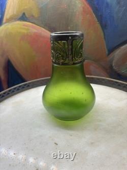 Art Nouveau Green Glass Vase with Ornate Metal Mount