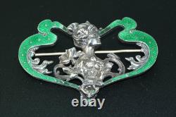 Art Nouveau Green Guilloche Enamel Sterling Silver Womans Head Pin Brooch