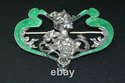Art Nouveau Green Guilloche Enamel Sterling Silver Womans Head Pin Brooch