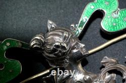 Art Nouveau Green Guilloche Enamel Sterling Silver Womans Head Pin Brooch