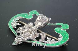 Art Nouveau Green Guilloche Enamel Sterling Silver Womans Head Pin Brooch