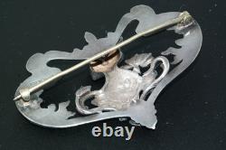 Art Nouveau Green Guilloche Enamel Sterling Silver Womans Head Pin Brooch