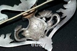 Art Nouveau Green Guilloche Enamel Sterling Silver Womans Head Pin Brooch